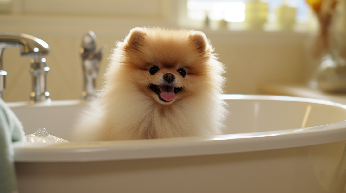 orange sable bearface pomeranian in a bathtub