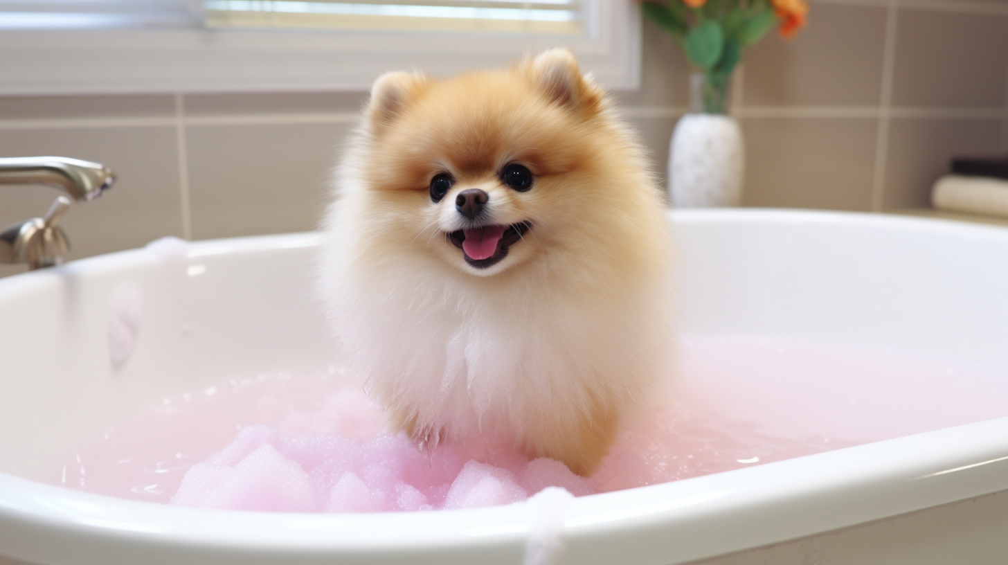 pomeranian puppy in a bathtub